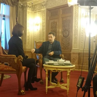 Filming an intervirew in Saint Ptersburg, Russia